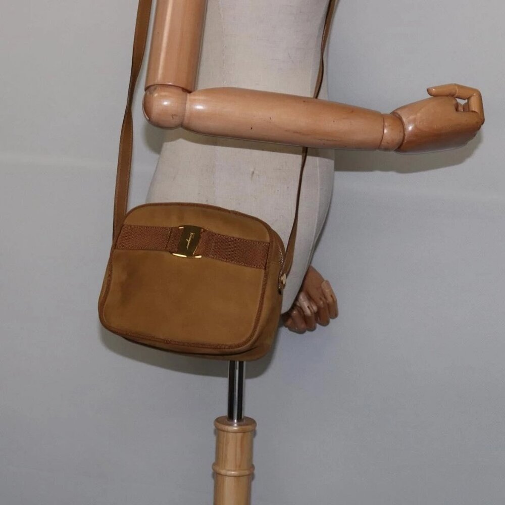 Salvatore Ferragamo Vala Shoulder Bag Suede Brown Gold Auth